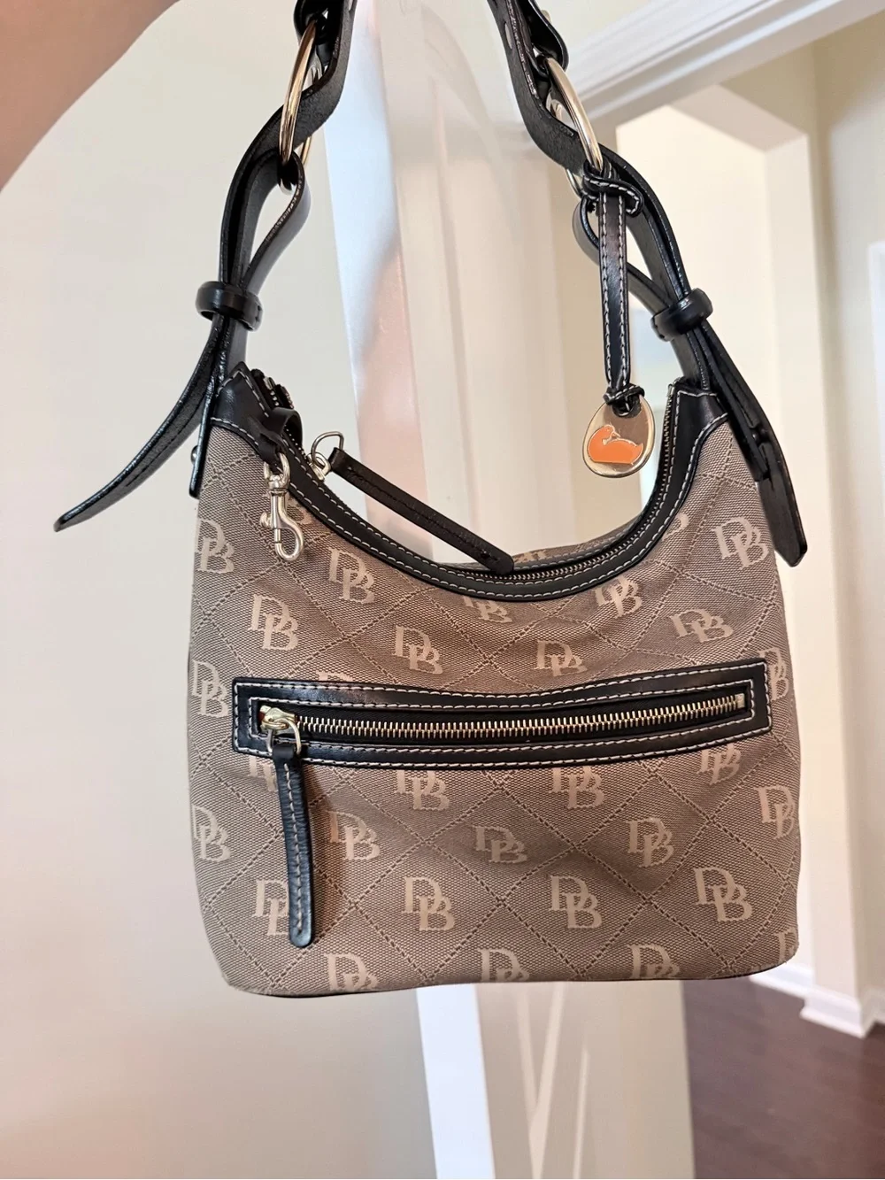 Dooney & Bourke Tan Monogram Shoulder Bag with Black Trim